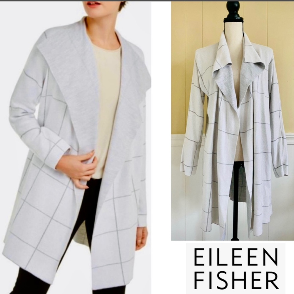 Eileen Fisher Light Gray Grid Pattern Cardigan